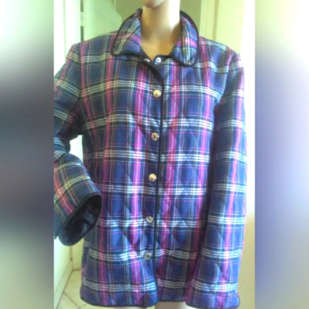 LIKE NEW COACH PLAID JACKET QUILTED LINED MONOGRAM BLUE PINK BLACK SZ.LG